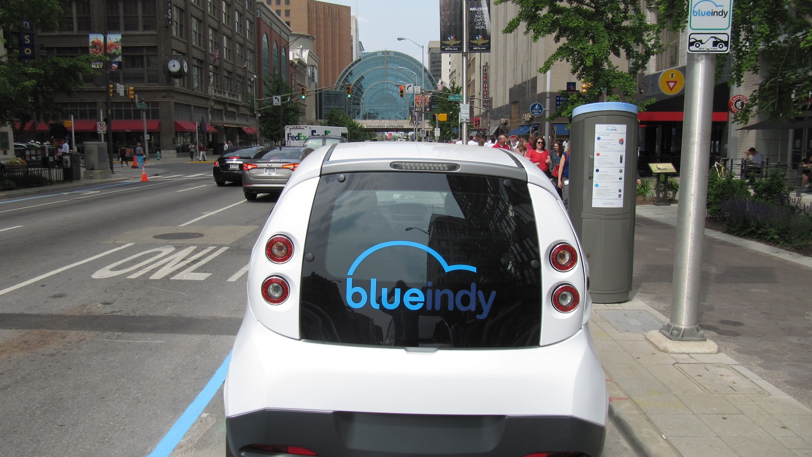 BlueIndy electric-car sharing station and European Bollore BlueCar, Indianapolis, Indiana, May 2014