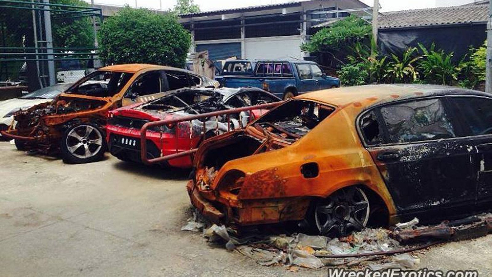 Wreckage of exotic cars destroyed by fire at Thai auction site (Image via Wrecked Exotics)