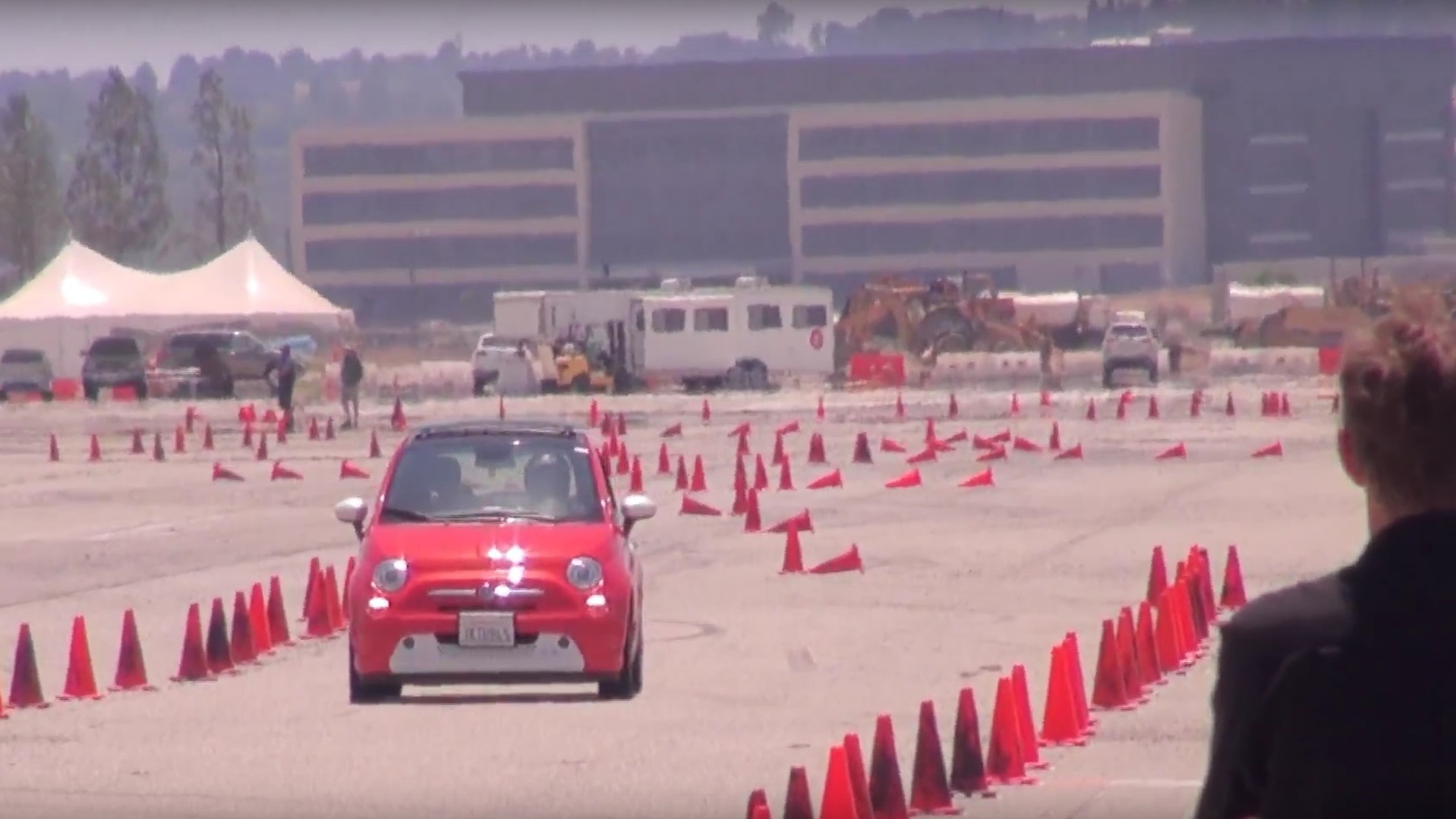 Andrea Kerr driving Fiat 500e electric car in autocross, Great Park, Irvine, Califronia, July 2017