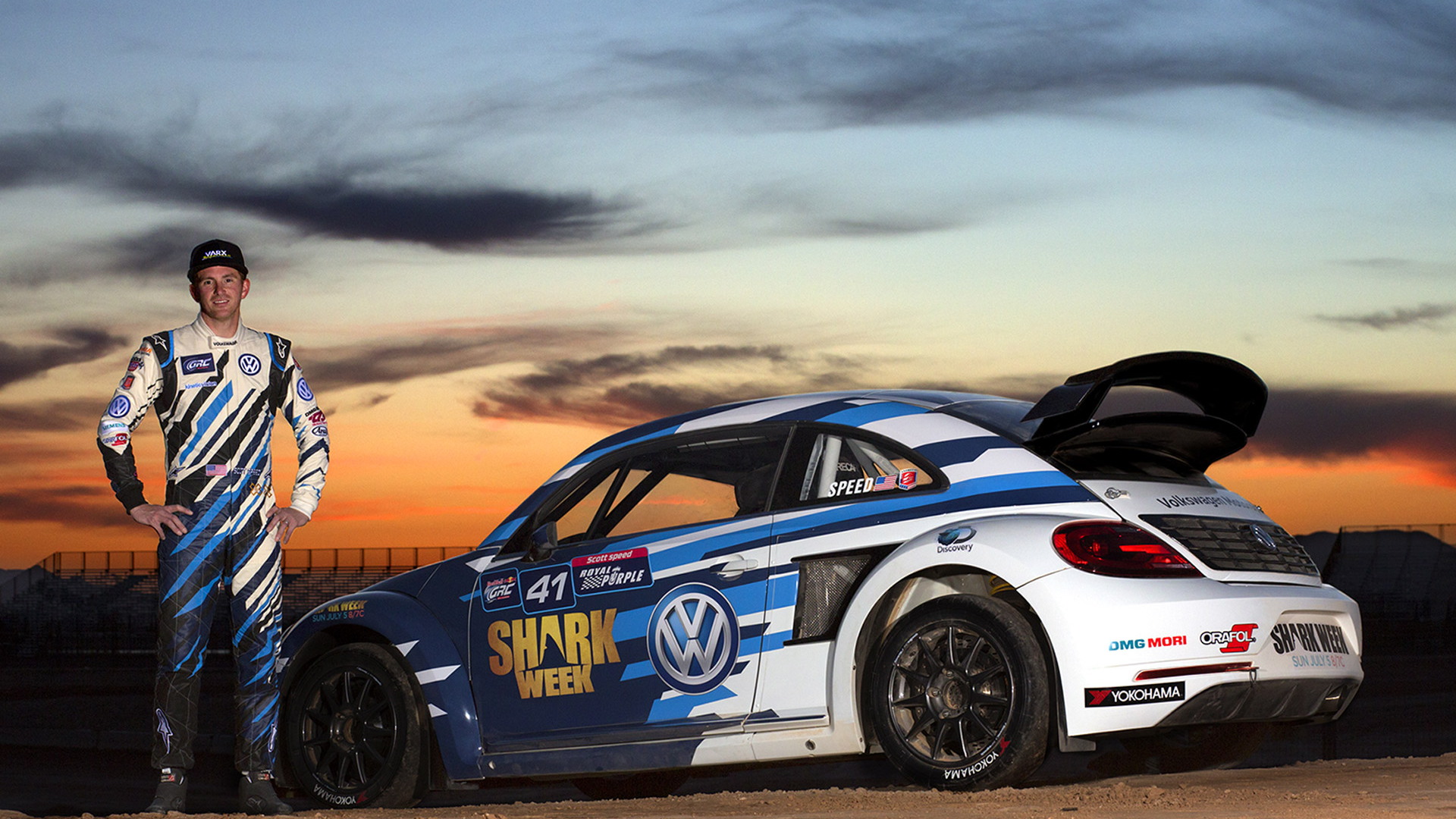 Scott Speed and his Shark Week-themed 2015 Volkswagen Beetle Global Rallycross Championship car