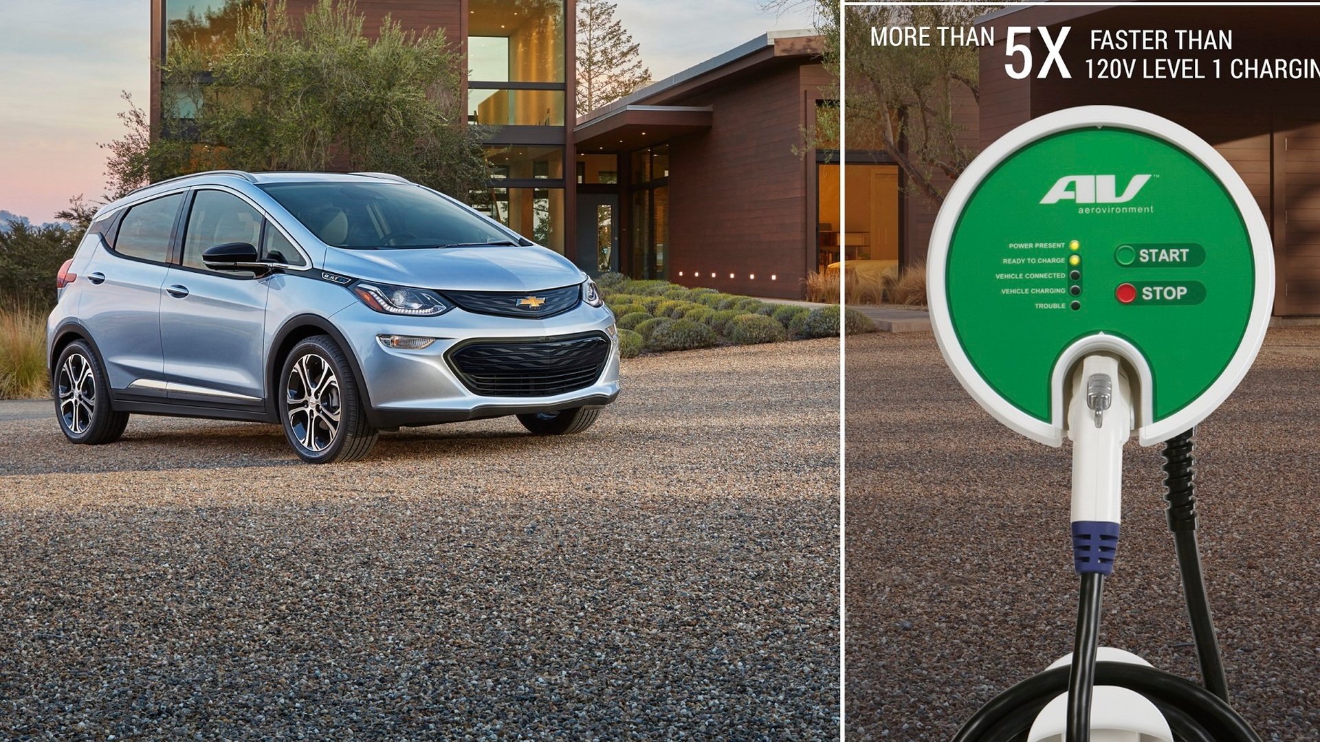 2017 Chevrolet Bolt EV electric car with Aerovironment EVSE-RS charging station
