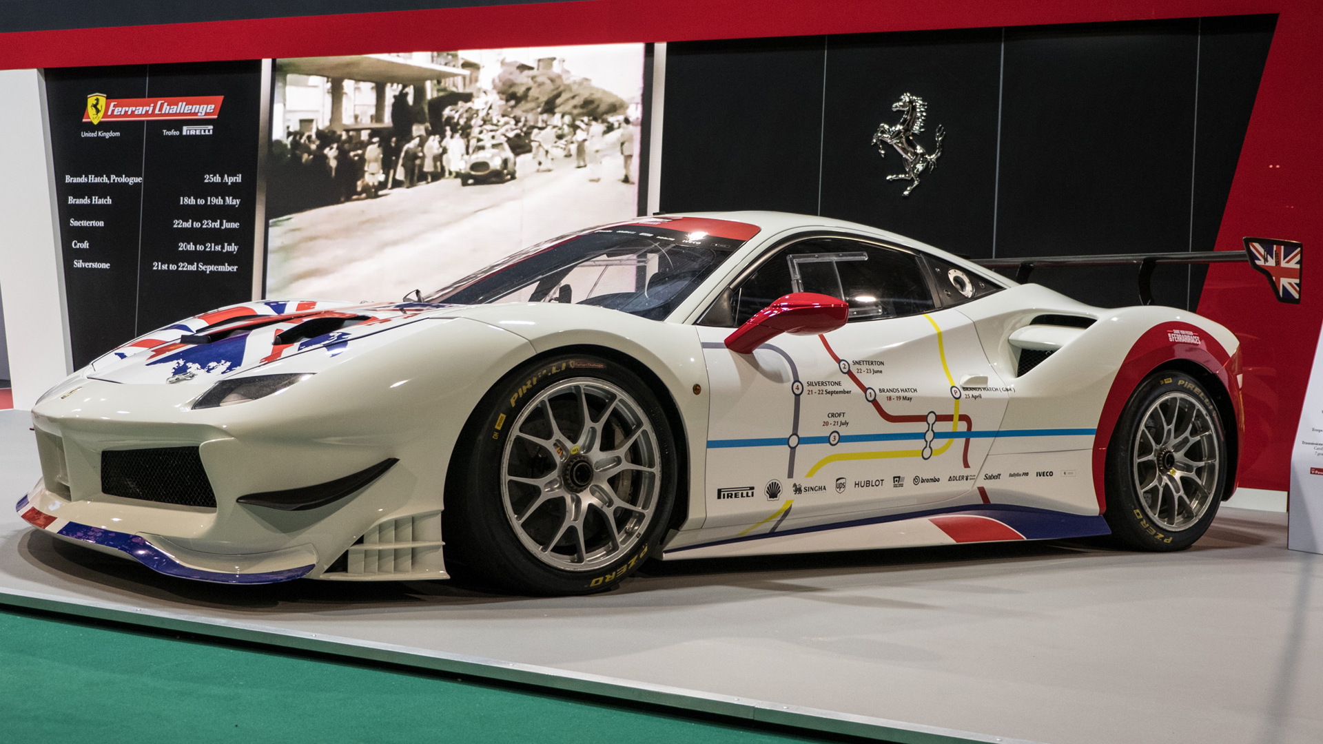 2018 Ferrari 488 GTE race car with livery depicting all stages of Club Competizioni GT
