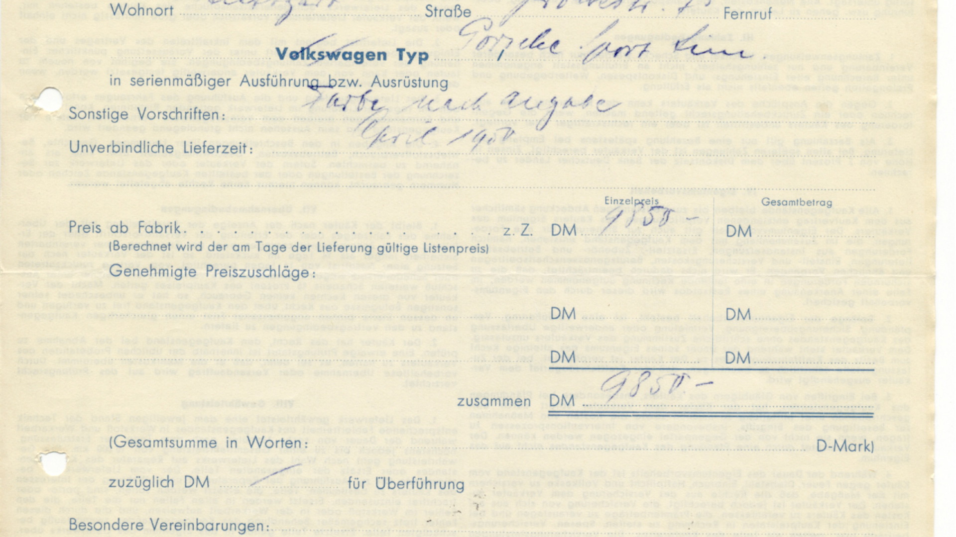 Ottomar Domnick's original order for the first customer Porsche filed Nov. 19, 1949