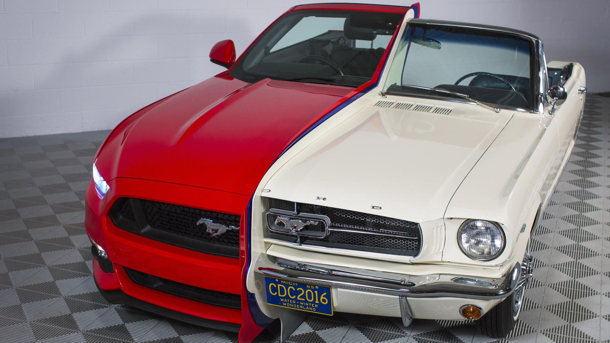 Side-by-side Ford Mustangs at the National Inventors Hall of Fame Museum