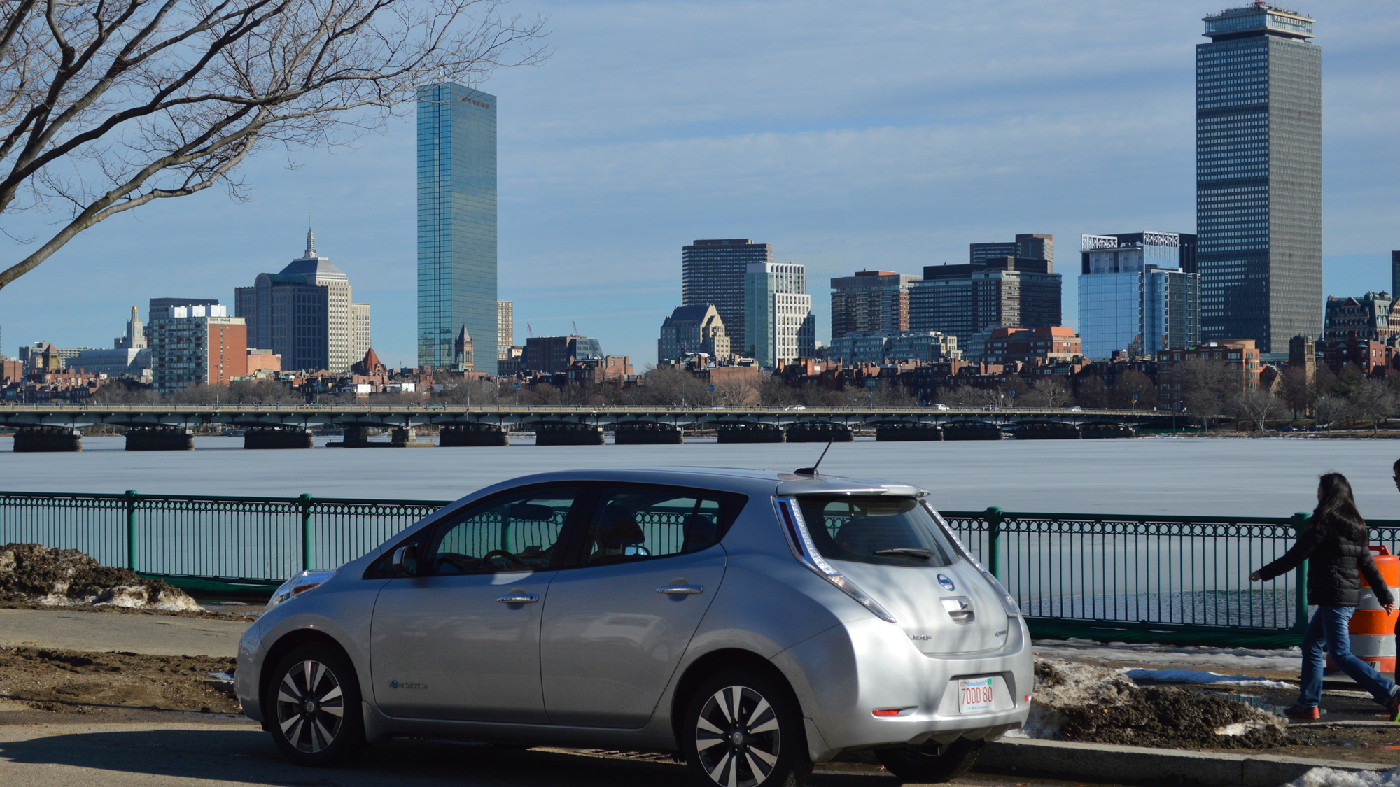 2015 Nissan Leaf in front of Prudential and Hancock Towers, Boston [photo: John Briggs]