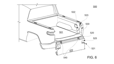 Rivian patents tailgate with gooseneck hinges