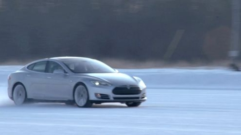 The Tesla Model S in winter testing.