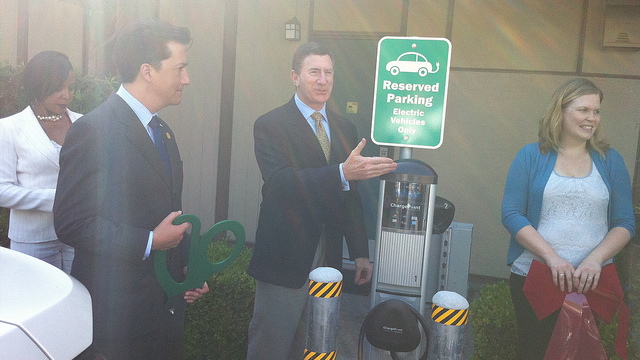 Scenes from dedication of electric-car charging station at Creekside Inn, Palo Alto, CA
