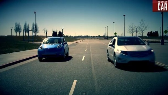 Drag race between Chevrolet Volt and Nissan Leaf electric cars (The Fast Lane)