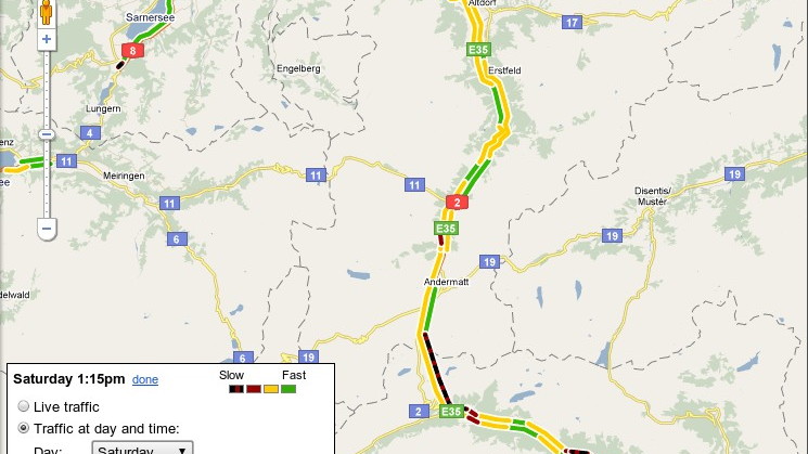 Google Maps with traffic info for Switzerland's Gotthard tunnel