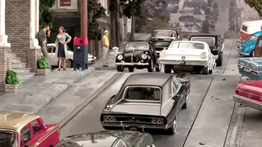 Screencap from Steve Day's recreation of the Bullitt car chase
