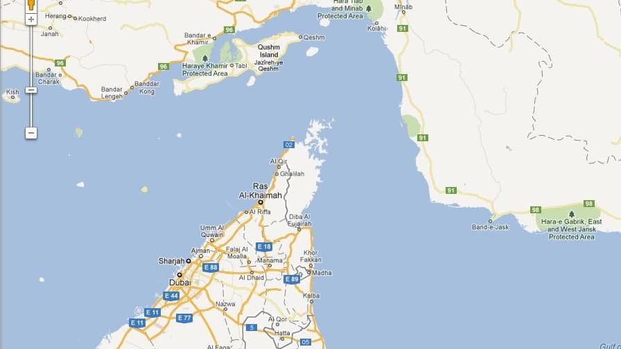 Strait of Hormuz, between Iran and U.A.E., as shown on Google Maps
