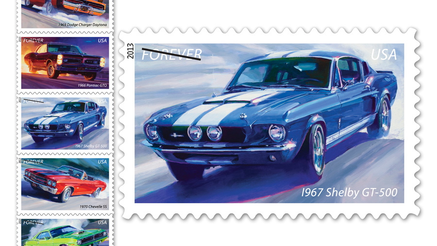 The Muscle Cars Forever stamps, part of the America on the Move series