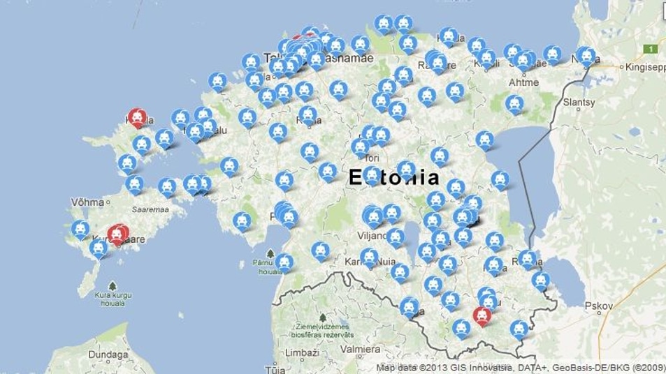 Map of electric-car DC quick-charging station locations in Estonia, Feb 2013