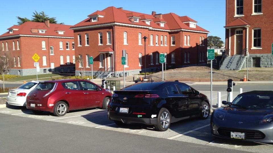 Electric cars at charging stations at Disney Family Museum, San Francisco [photo: Wendy Bartlett]