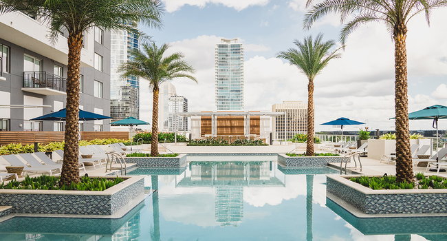 Resort style elevated pool with city views