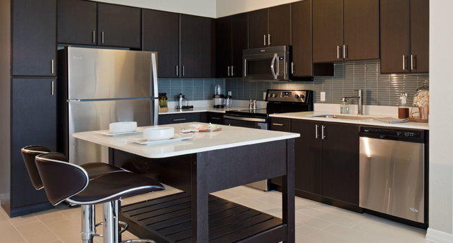 Modern kitchens with stainless steel appliances, tile backsplashes and moveable islands